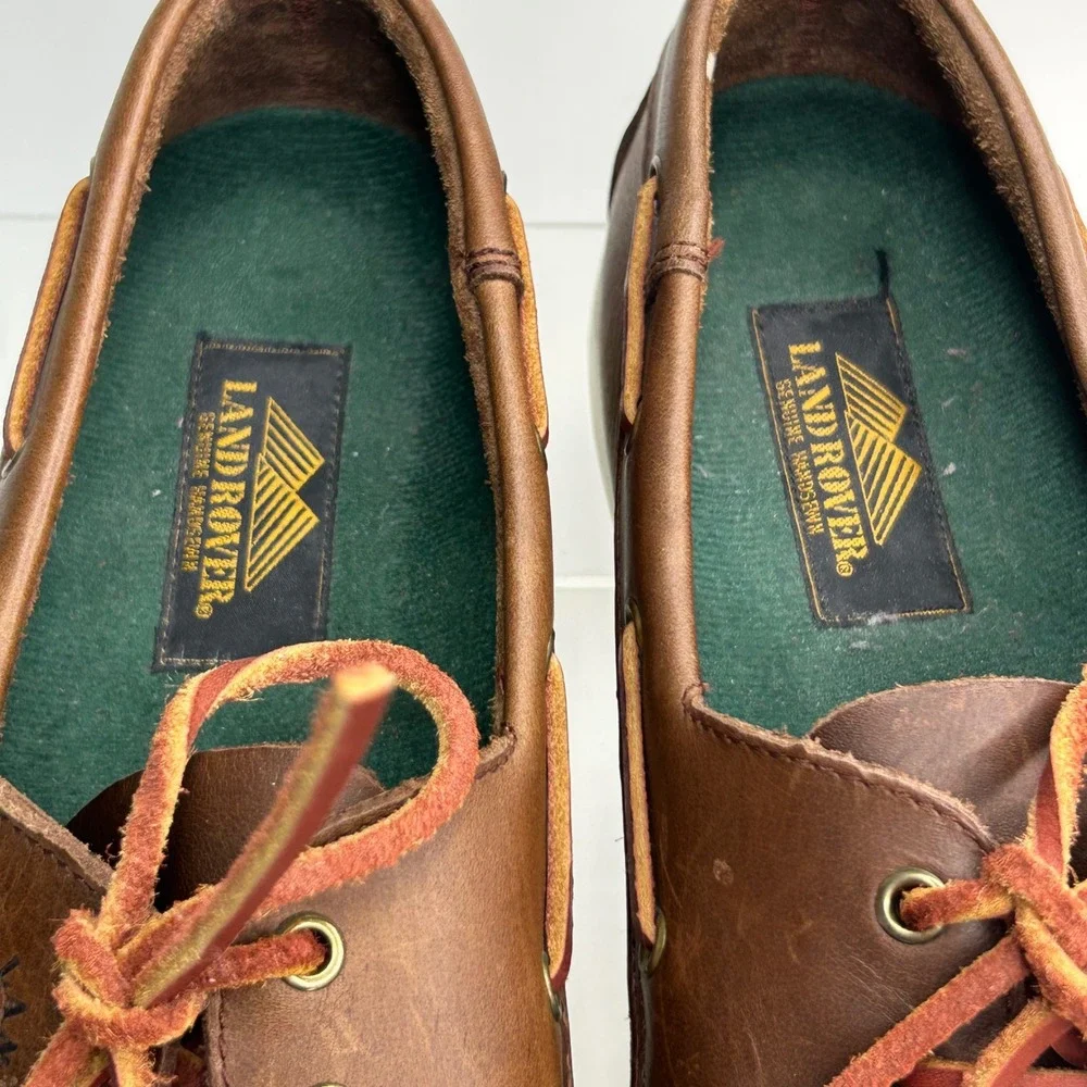 Land Rover Mens 10 Brown Leather Boat Shoes Genuine Hand-sewn Deck Nautical